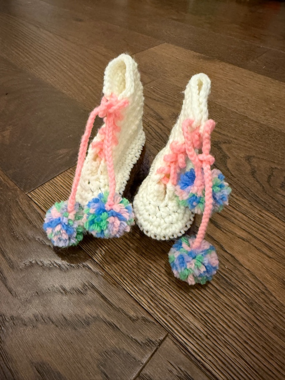 Handmade Crochet Baby Booties with Pom Poms - Cream & Pastel